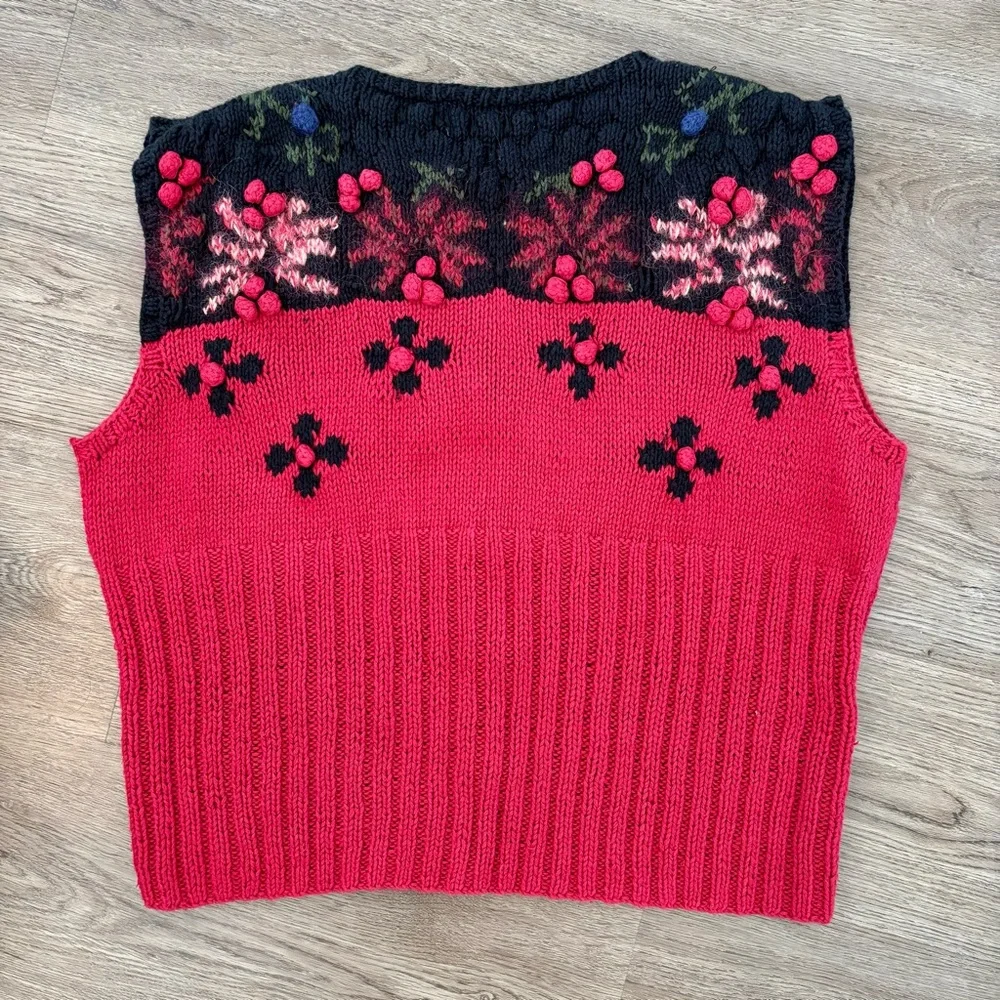 Vintage Ciel Bleu Cottagecore Hand Knit Grandma Sweater Vest with Berry Accents